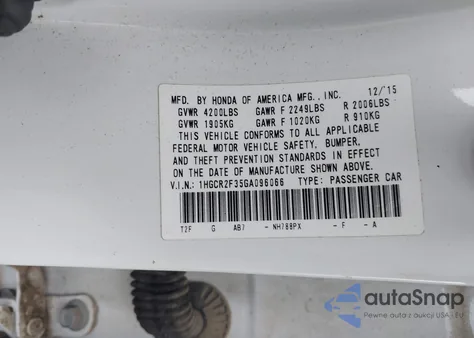 2016 Honda Accord Lx из США, поврежденный, VIN 1HGCR2F35GA096066